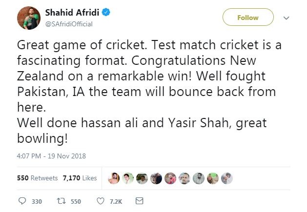 दरअसल शाहिद अफरीदी ने लिखा, ''क्रिकेट का एक बेहतरीन मैच, टेस्ट मैच का मन मोह लेने वाला फॉर्मेट है. न्यूज़ीलैंड को शानदार जीत के लिए बधाई, पाकिस्तान ने अच्छी लड़ाई दिखाई, टीम यहां से वापसी करेगी. हसन अली और यासिर शाह तुमने भी बेहतरीन गेंदबाज़ी की.''
